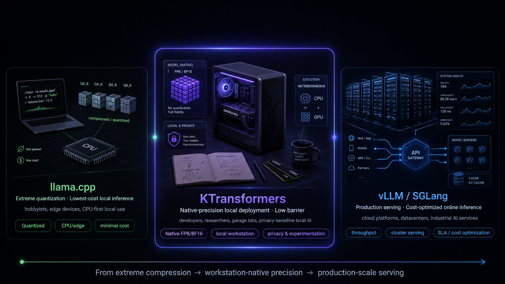 Positioning diagram for llama.cpp, KTransformers, and vLLM / SGLang inference targets