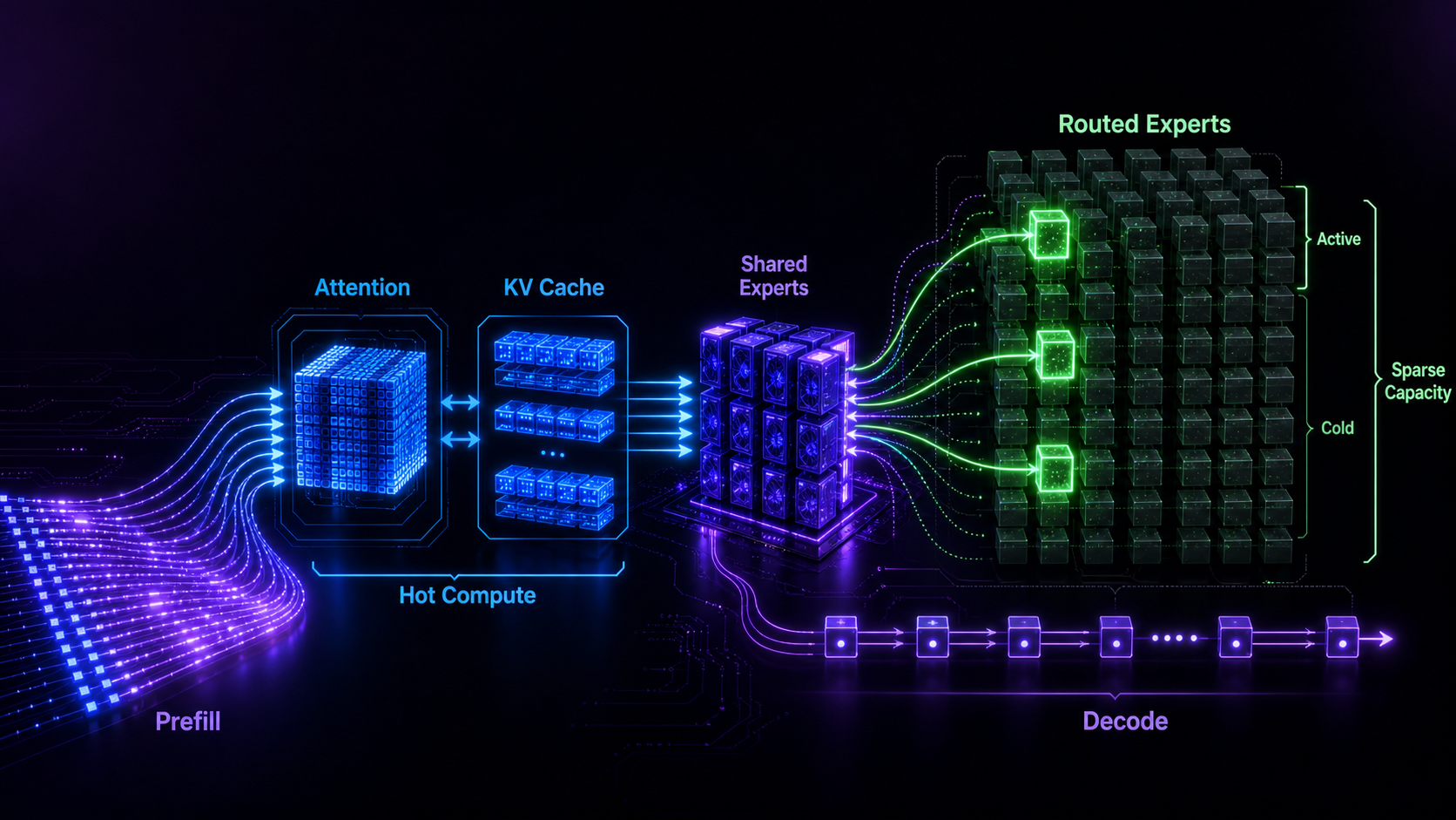 LLM and MoE model components with different compute and memory characteristics
