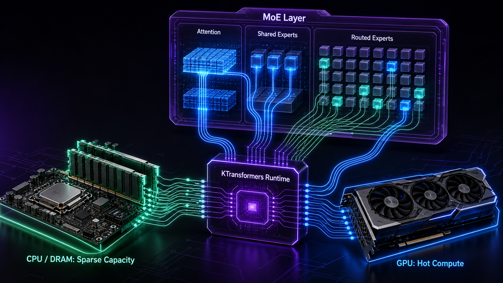 KTransformers Runtime maps MoE attention and shared experts to GPU hot compute and routed experts to CPU DRAM sparse capacity